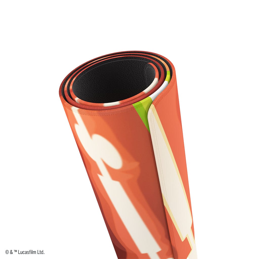 Star Wars: Unlimited Game Mat - Qui-Gon Jin - Rolled orange mat featuring white stylized lightsaber and green accent, smooth flexible material.