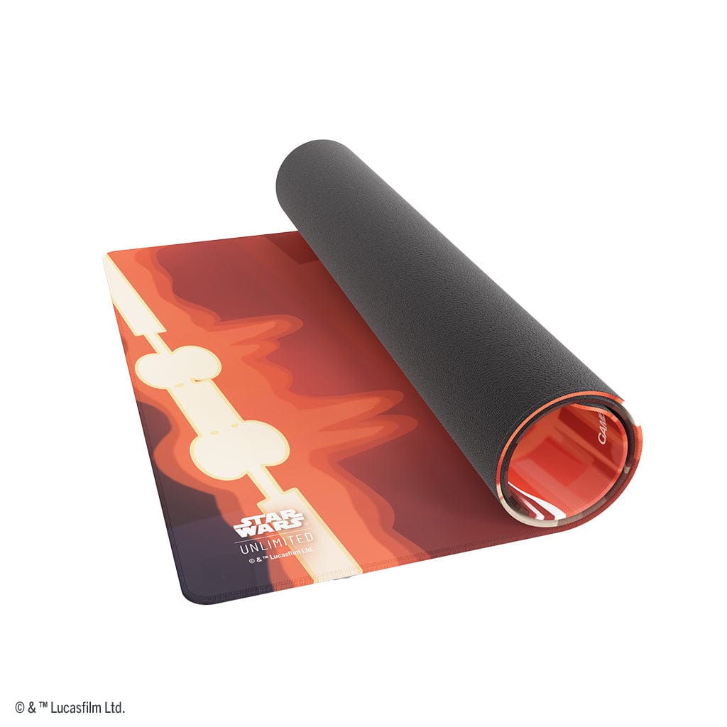 Star Wars: Unlimited Game Mat - Qui-Gon Jin - Rolled-up rectangular game mat with red and orange sci-fi design and Star Wars logo on black backing.