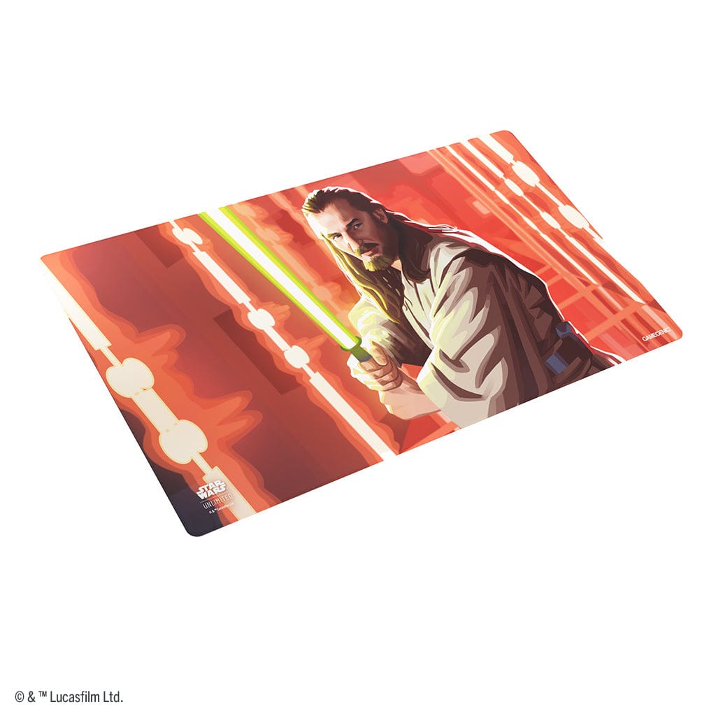 Star Wars: Unlimited Game Mat - Qui-Gon Jin - Rectangular game mat featuring Qui-Gon Jinn with green lightsaber against a vibrant red and orange abstract background.
