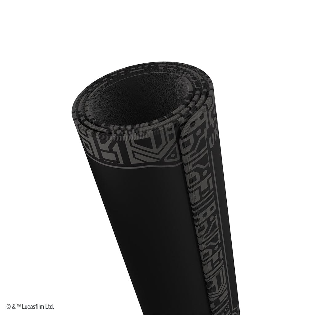 Star Wars: Unlimited Game Mat - Unlimited Pattern - Rolled black game mat with dark gray geometric Star Wars pattern along edges, smooth surface.