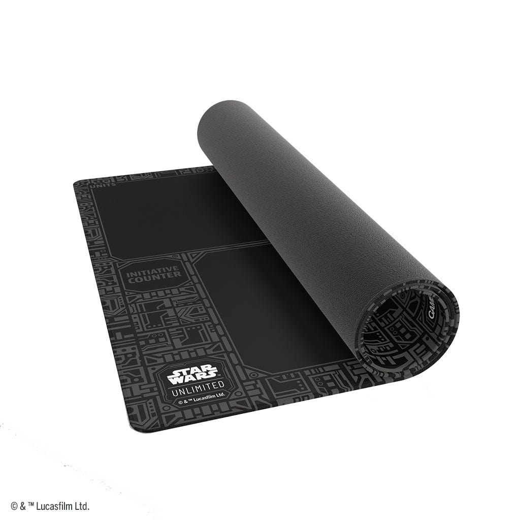 Star Wars: Unlimited Game Mat - Unlimited Pattern - Black flexible game mat with Star Wars-themed circuit pattern and designated play zones, partially rolled up.