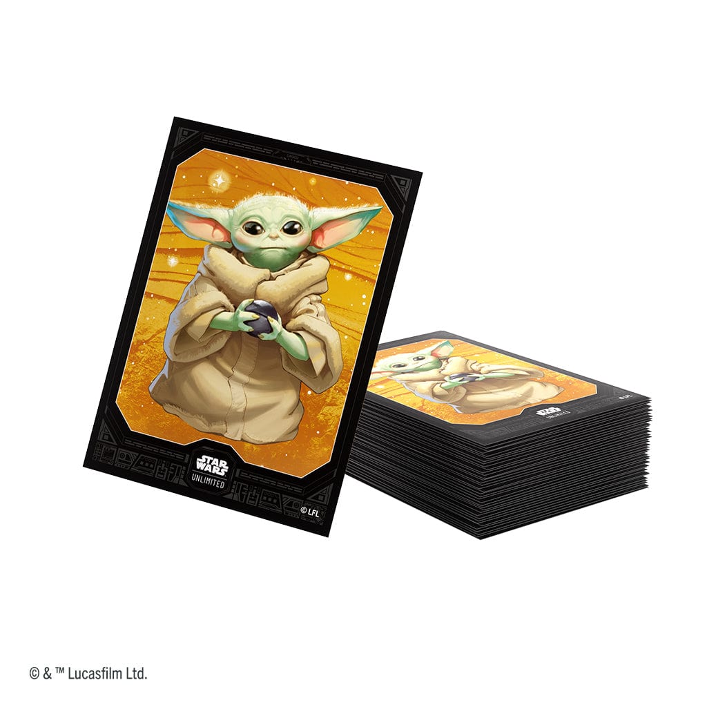 Star Wars: Unlimited Premium Art Sleeves - Grogu - Card sleeves featuring a detailed illustration of Grogu with large ears on an orange-yellow background, designed for.