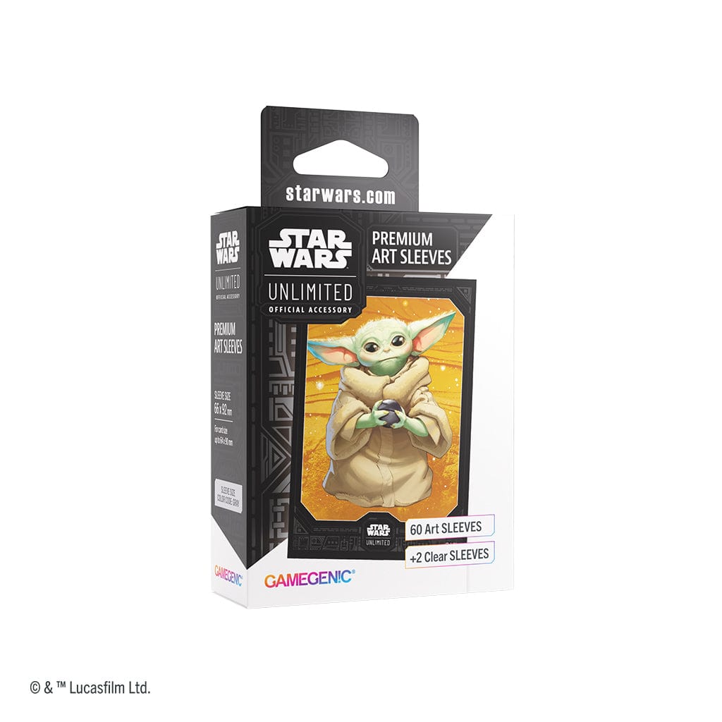 Star Wars: Unlimited Premium Art Sleeves - Grogu - Black premium card sleeves packaging featuring Grogu from Star Wars holding a frog, with orange and white accents and Star.