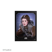 Gamegenic Premium Art Sleeves: Star Wars: Unlimited - Leia Organa (PREORDER) - Card sleeve featuring illustrated Leia Organa in a brown jacket with blaster, set against a blue-gray background, black.
