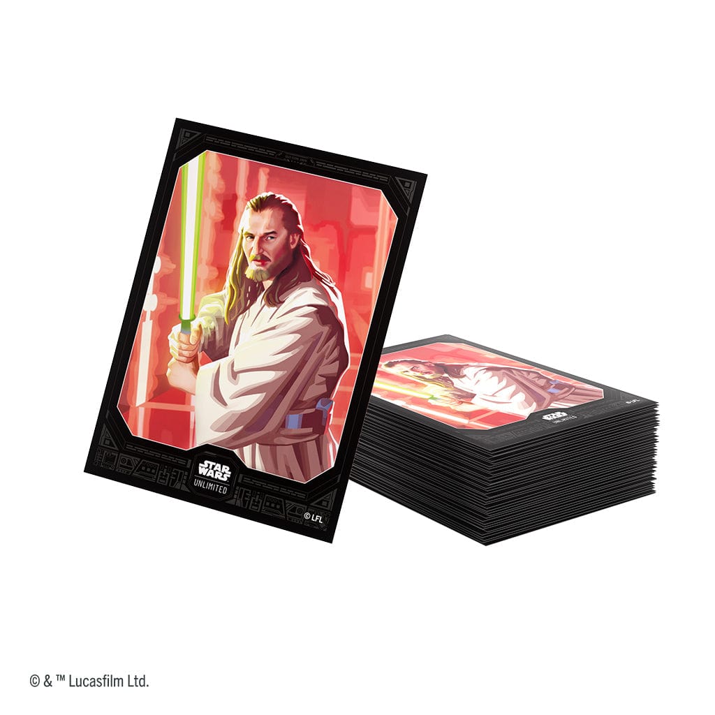 Star Wars: Unlimited Premium Art Sleeves - Qui-Gon Jin - Premium art card sleeves featuring Qui-Gon Jin wielding a green lightsaber against a red background with Star Wars branding.