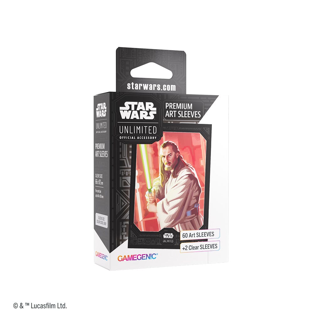 Star Wars: Unlimited Premium Art Sleeves - Qui-Gon Jin - Black and white box with Star Wars branding featuring Qui-Gon Jin artwork holding a green lightsaber, containing 80.