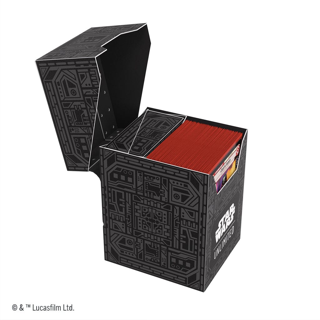 Star Wars: Unlimited Soft Crate - Unlimited Pattern - Black soft storage crate decorated with detailed Star Wars-themed panel patterns, partially open and holding red items.