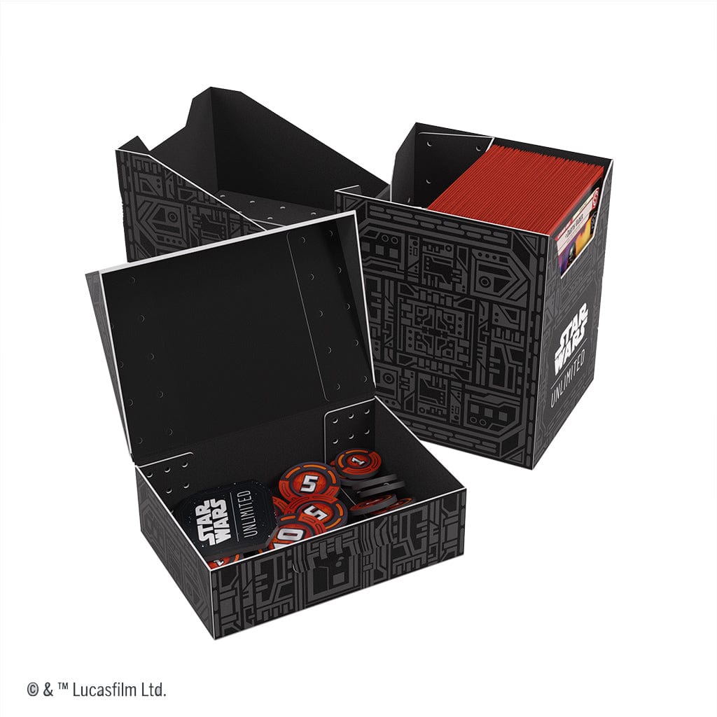 Star Wars: Unlimited Soft Crate - Unlimited Pattern - Black collapsible storage crate with Star Wars graphics and red game pieces inside.