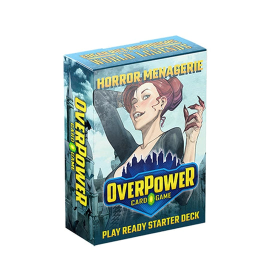 OverPower: Edgar Rice Burroughs and the World Legends: Horror Menagerie Starter Deck - Blue and gray OverPower card game box featuring a stylized sinister woman with red hair and claws, labeled Horror Menagerie.