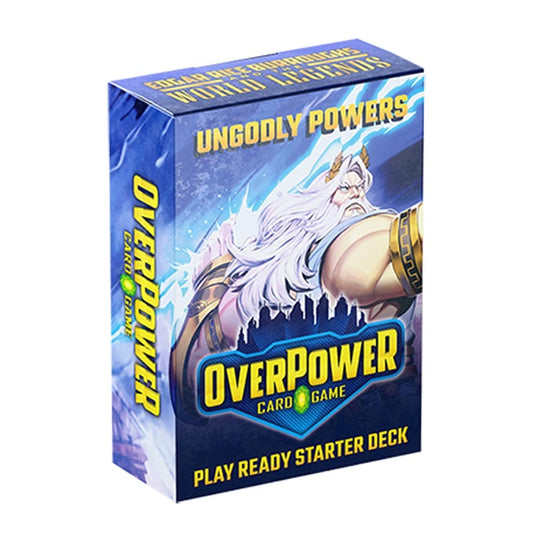 OverPower: Edgar Rice Burroughs and the World Legends: Ungoldy Powers Starter Deck - Blue and purple OverPower card game starter deck box featuring a white-haired muscular warrior illustration and bold yellow.