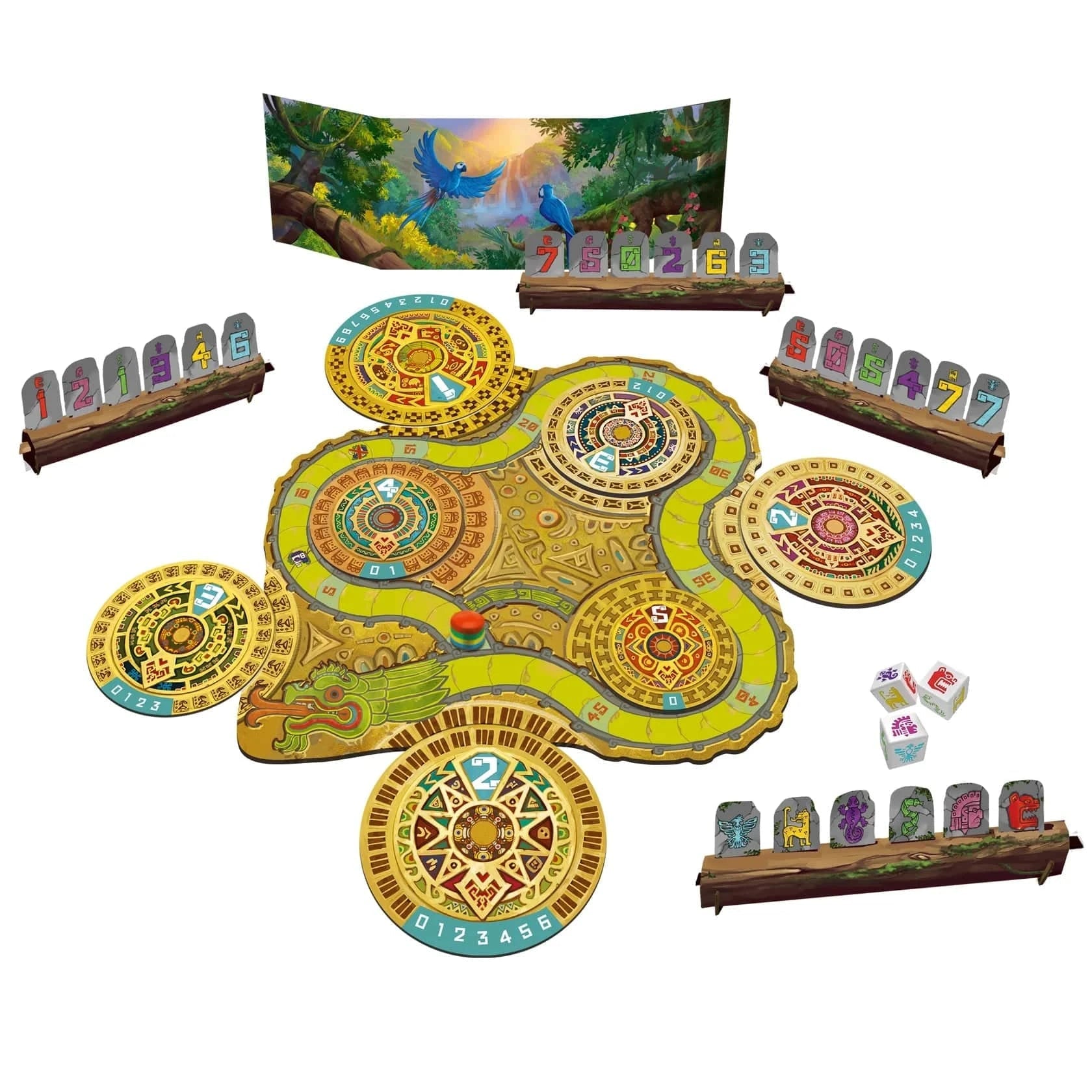The Lost Code - Colorful board game with interconnected circular tracks, wooden player stands, and custom dice for family play.