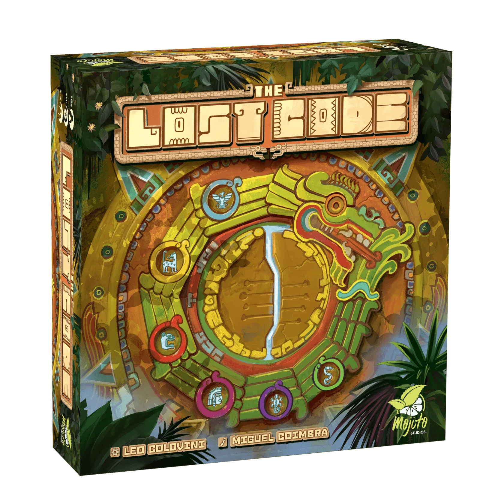 The Lost Code - Square board game box with a colorful circular Aztec-style design featuring a green dragon and six multicolored symbols on a