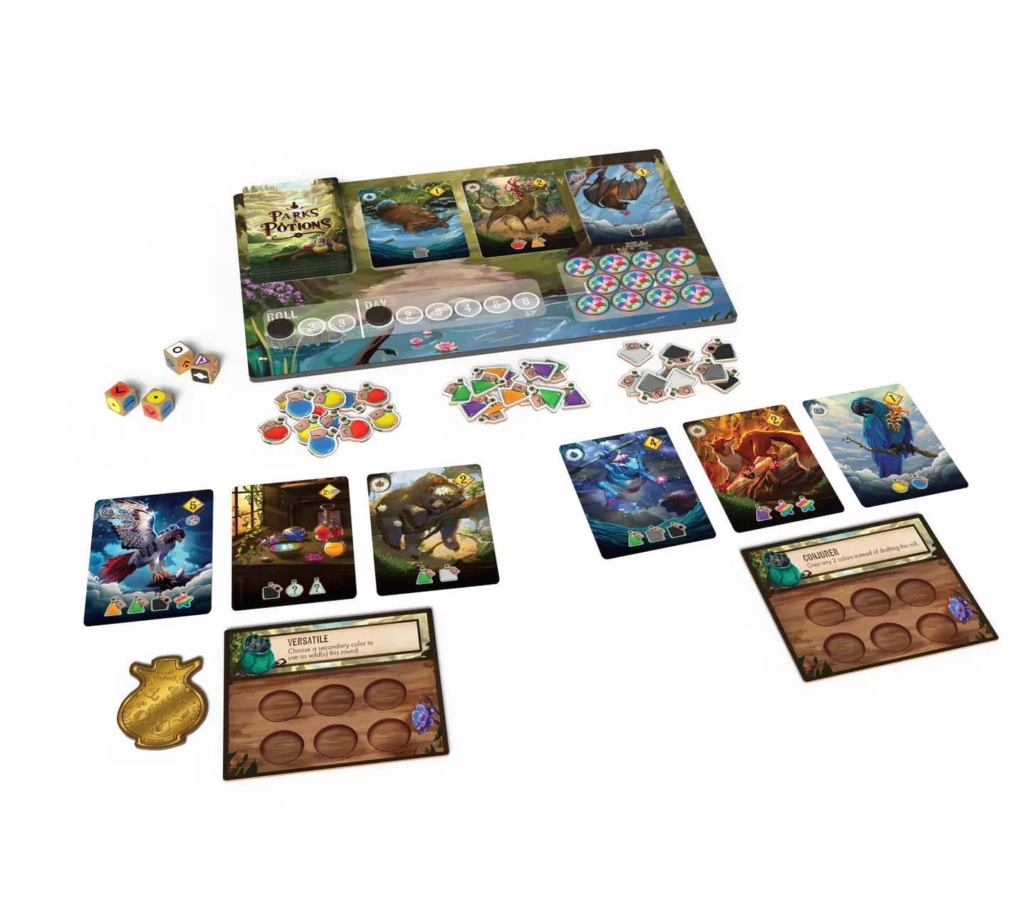 Parks and Potions - Colorful card game setup with illustrated cards, wooden player boards, dice, and tokens arranged on white background.