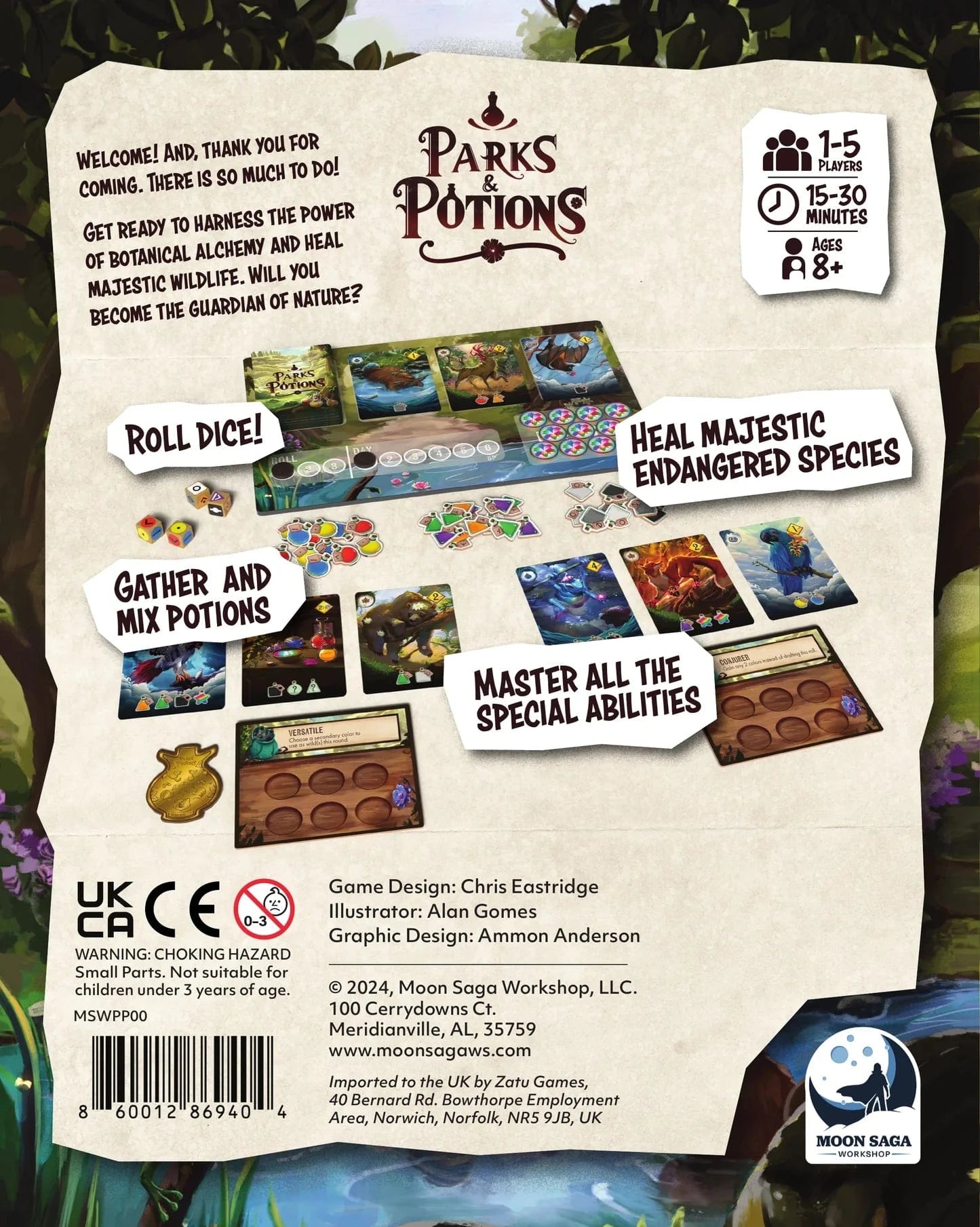 Parks and Potions - Parks and Potions card game components including colorful illustrated cards, wooden dice in green and orange, and tokens on.