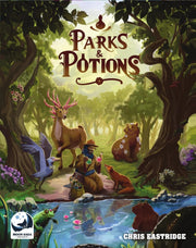 Parks and Potions - Colorful card game box featuring a forest scene with animals, a deer, and a wizard-like figure under trees.