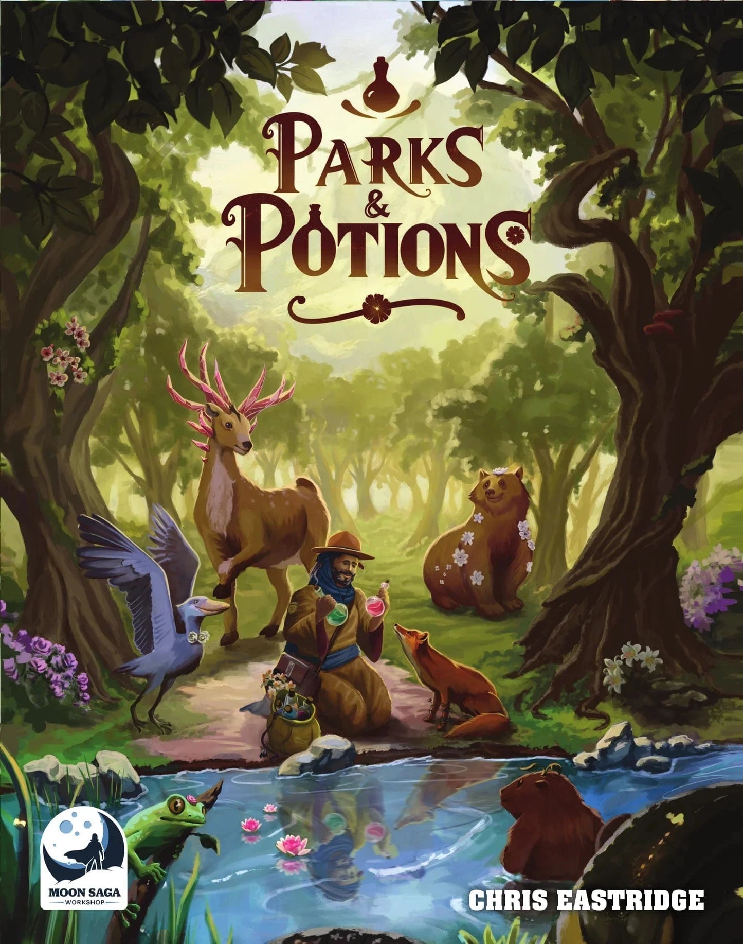 Parks and Potions - Colorful card game box featuring a forest scene with animals, a deer, and a wizard-like figure under trees.