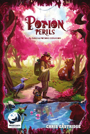 Potion Perils: A Parks and Potions Expansion - Card game box with vibrant pink forest scene, featuring a figure holding a potion, mystical animals, and glowing water.