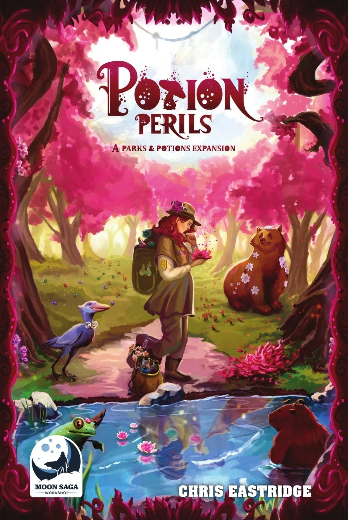 Potion Perils: A Parks and Potions Expansion - Card game box with vibrant pink forest scene, featuring a figure holding a potion, mystical animals, and glowing water.