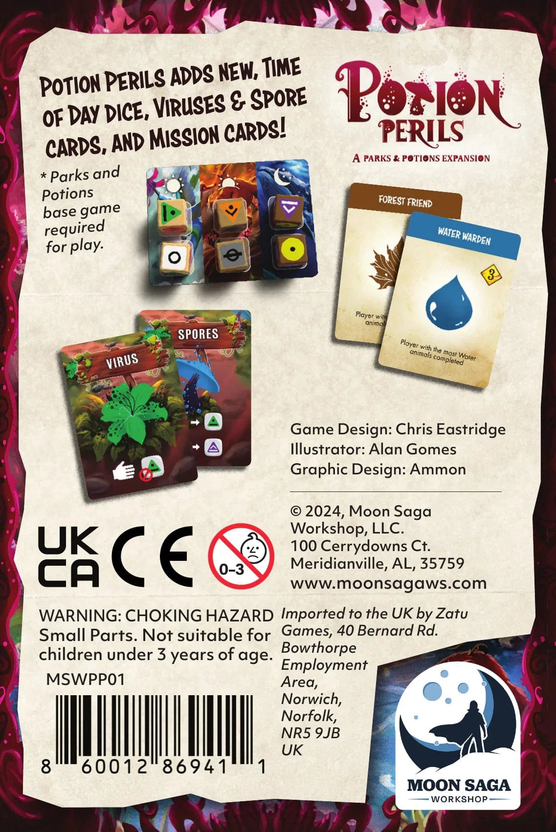 Potion Perils: A Parks and Potions Expansion - Potion Perils card game box with colorful dice and illustrated cards featuring fantasy potion themes.