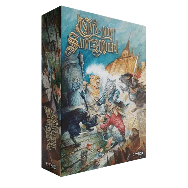 The Cats of Mont Saint-Michel: Deluxe Set (PREORDER) - The Cats of Mont Saint-Michel deluxe board game box with colorful fantasy cats in armor battling near a stone tower and a.