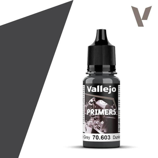 Vallejo Primer: German Panzer Grey (18ml) - 18ml black plastic bottle of Vallejo German Panzer Grey primer paint with twist cap and label showing camouflage design.