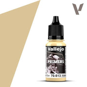 Vallejo Primer: Desert Tan (18ml) - Small clear plastic bottle with black dropper cap, labeled Vallejo Primers desert tan paint 70.