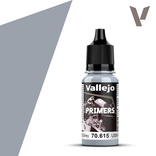 Vallejo Primer: USN Light Ghost Grey (18ml) - 18ml Vallejo primer bottle in USN Light Ghost Grey with black cap and detailed label.