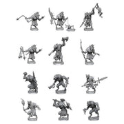 Dungeons & Dragons: Frameworks: Gnolls (PREORDER) - Set of 11 detailed gray plastic Dungeons & Dragons gnoll miniatures in dynamic poses with weapons and accessories.