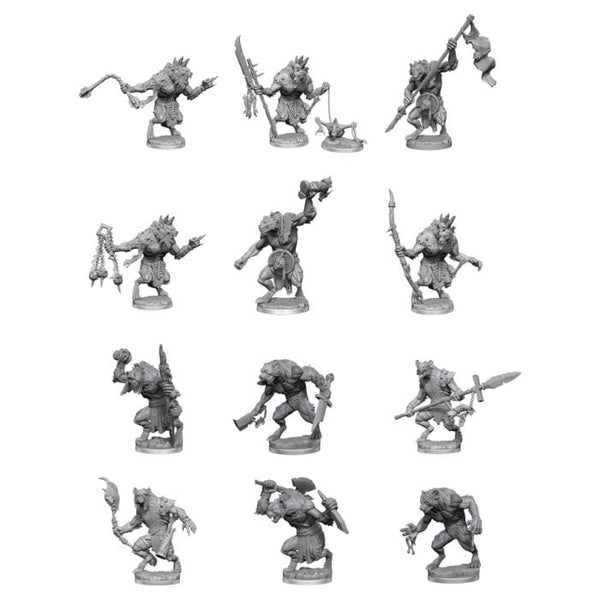 Dungeons & Dragons: Frameworks: Gnolls (PREORDER) - Set of 11 detailed gray plastic Dungeons & Dragons gnoll miniatures in dynamic poses with weapons and accessories.