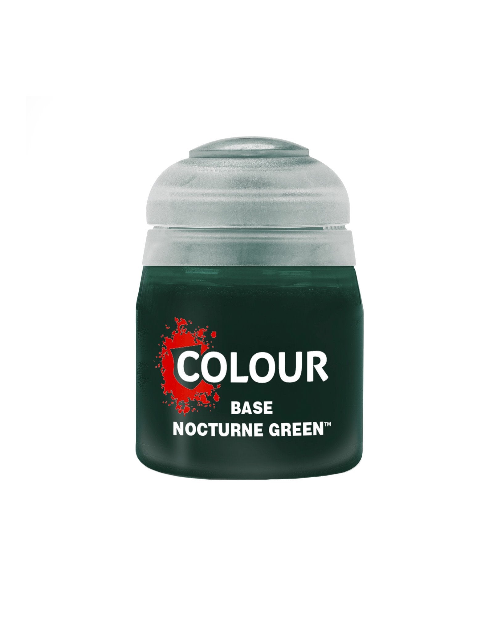 Citadel Base Paint: Nocturne Green - Small cylindrical pot of dark green paint with clear screw cap labeled Nocturne Green Base Paint.