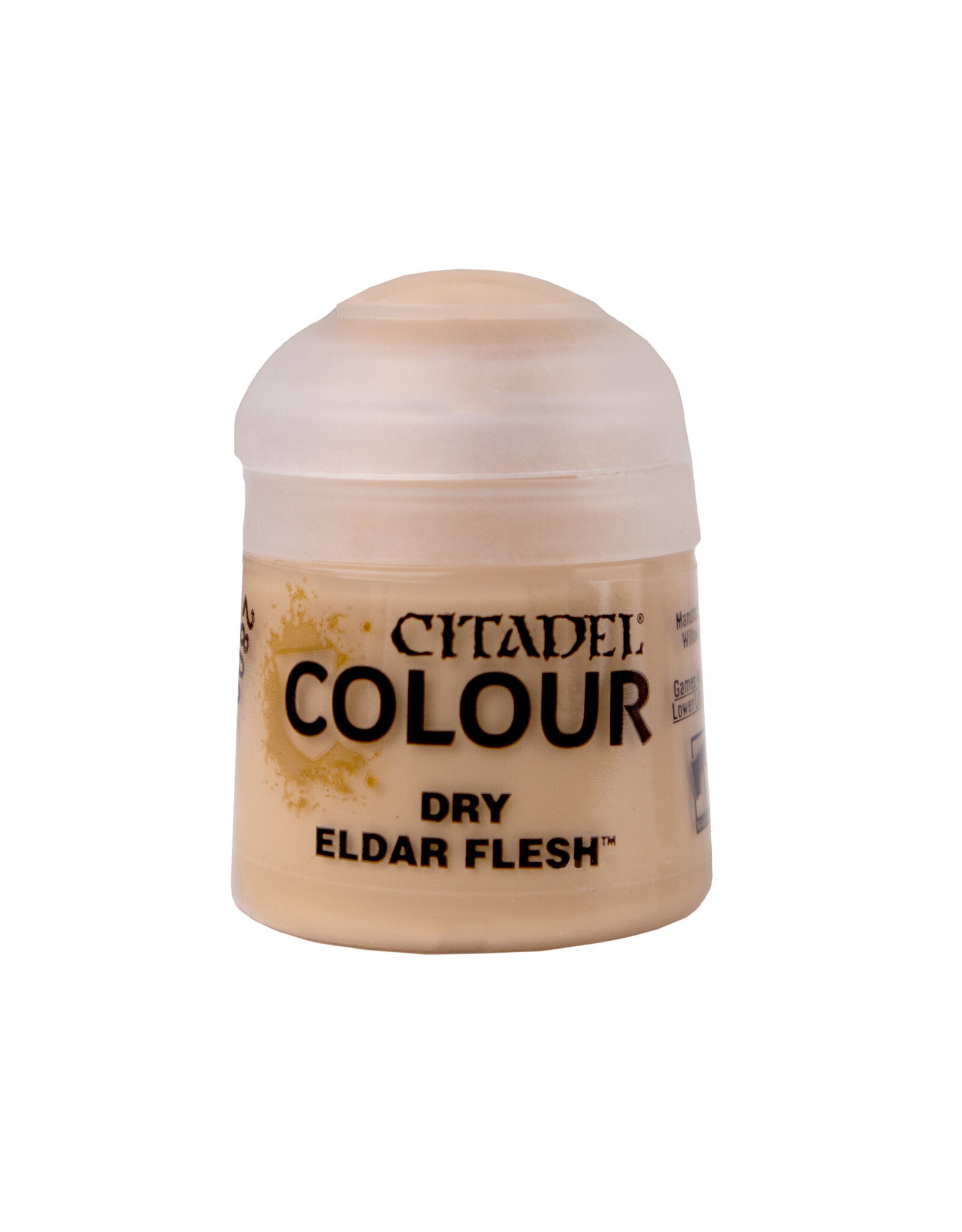 Citadel Dry Paint: Eldar Flesh - Small round plastic pot of Citadel dry paint in pale beige Eldar Flesh color with black text on label.