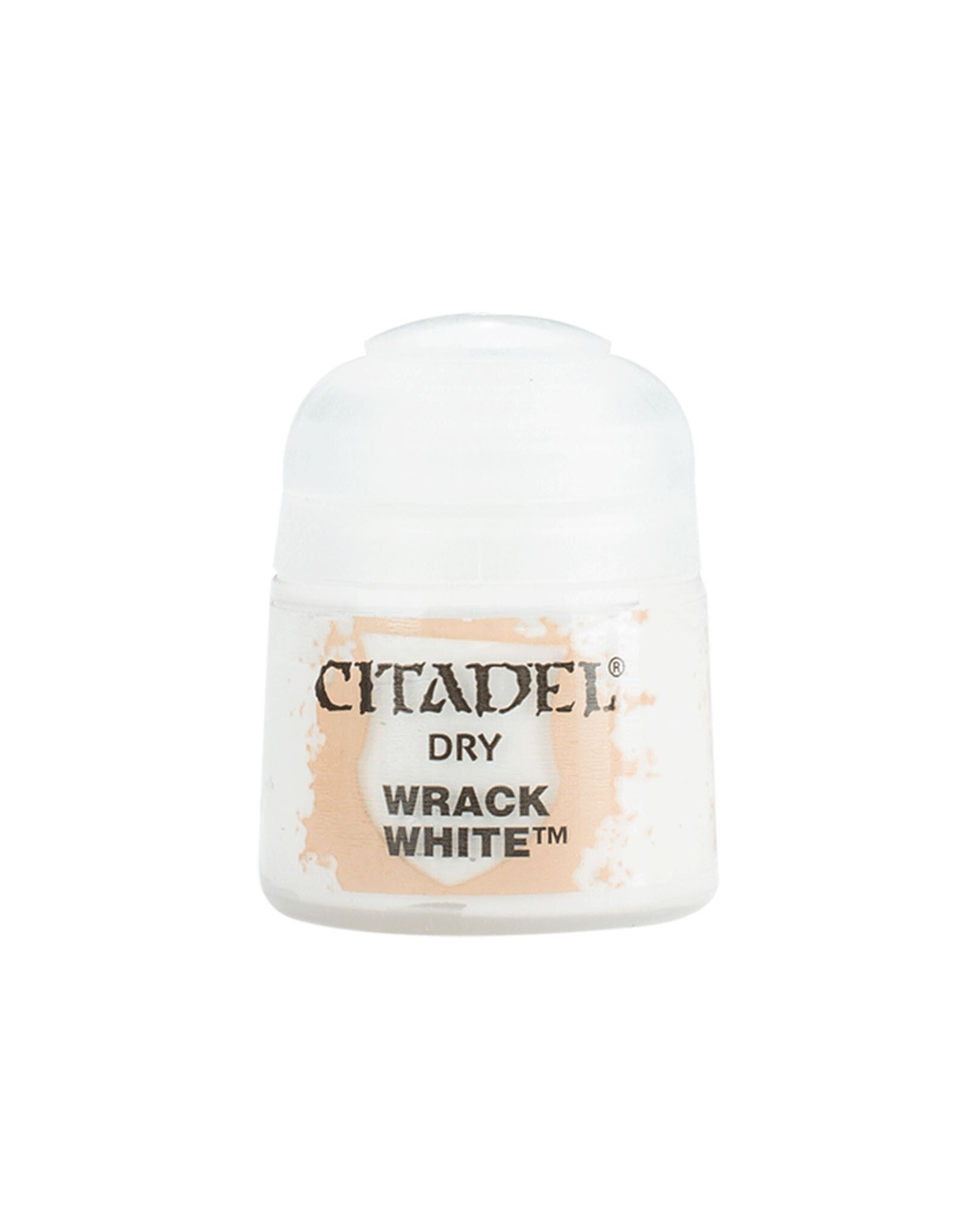 Citadel Dry Paint: Wrack White - Small white plastic paint pot with black and gold Citadel Dry Wrack White label.
