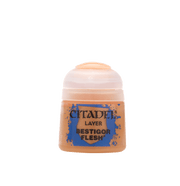 Citadel Layer Paint: Bestigor Flesh - Small clear plastic pot of Citadel Layer Paint in Bestigor Flesh, warm beige color label with black text.