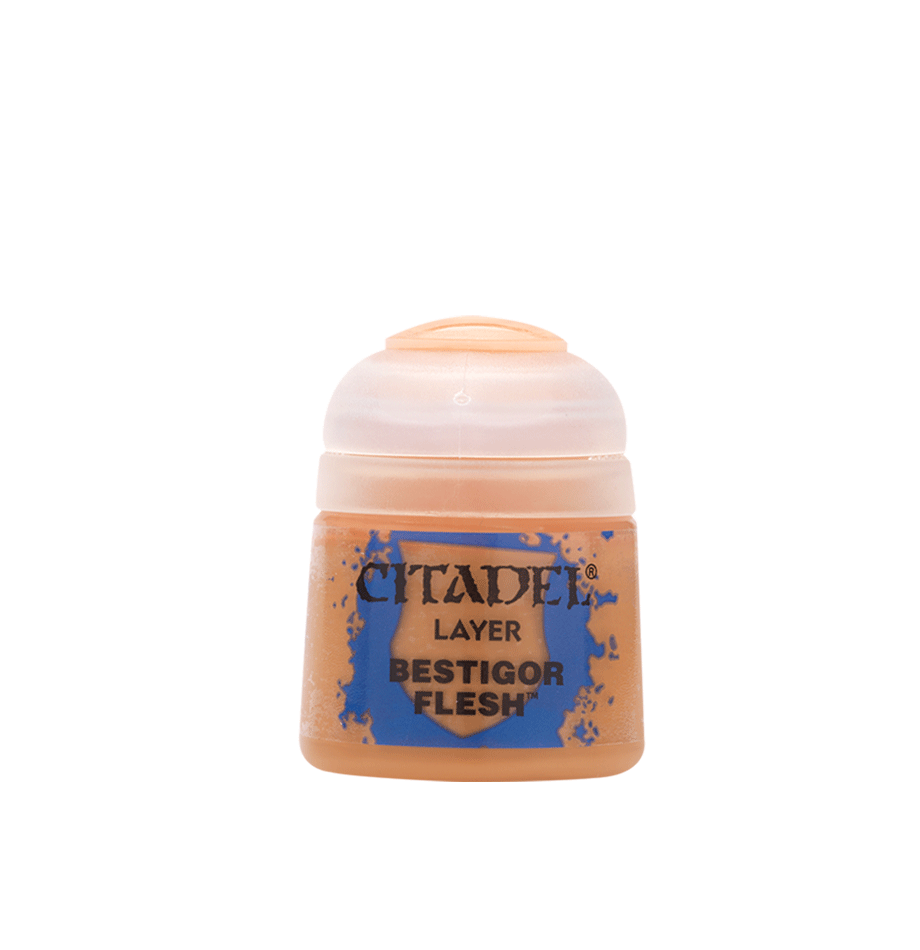 Citadel Layer Paint: Bestigor Flesh - Small clear plastic pot of Citadel Layer Paint in Bestigor Flesh, warm beige color label with black text.
