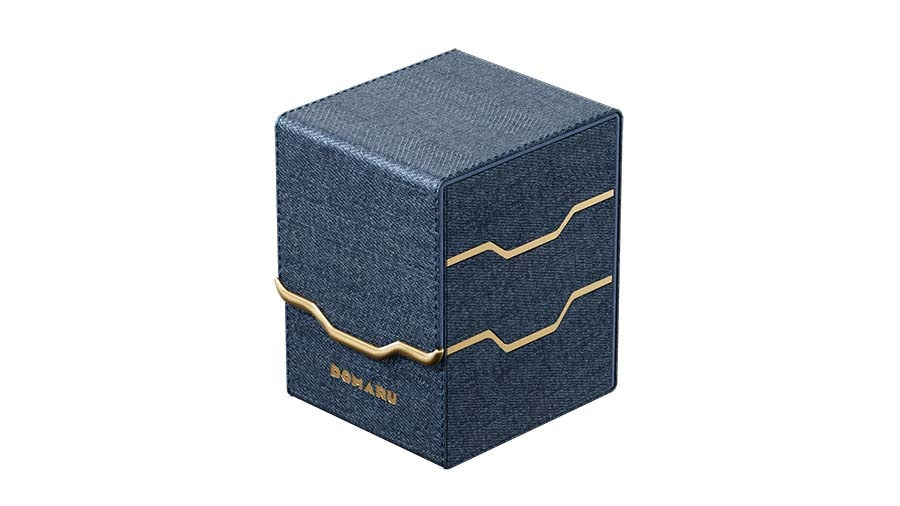 Gatherers' Tavern: Domaru Armory Collection Vertex 100+ Deck Box - Lazulite (PREORDER) - Dark blue textured deck box with gold angular lines and compact rectangular shape.