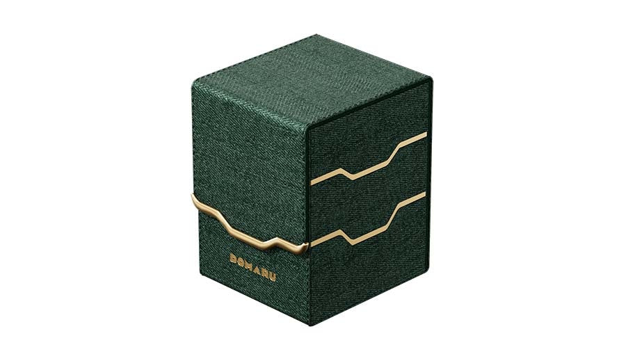 Gatherers' Tavern: Domaru Armory Collection Vertex 100+ Deck Box - Malachite (PREORDER) - Dark green textured rectangular deck box with gold geometric line accents and "Domaru" text on front.