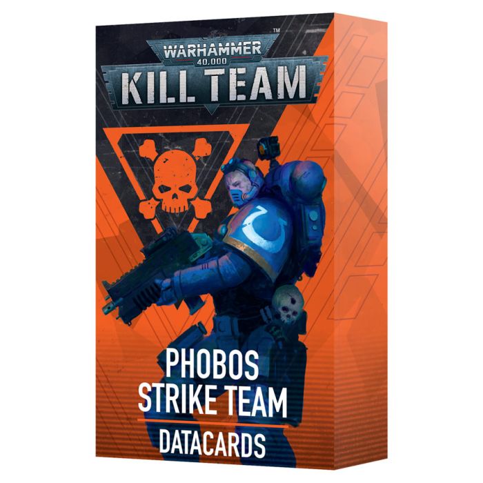 Warhammer 40,000 - Kill Team - Phobos Strike Team Datacards - Orange and black Warhammer 40k Kill Team Phobos Strike Team datacards box featuring a blue-armored soldier illustration.