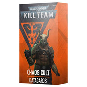 Warhammer 40,000 - Kill Team - Chaos Cult Datacards - Rectangular box with dark orange and black design featuring armored Chaos Cult warrior and bold white text "Warhammer Kill.