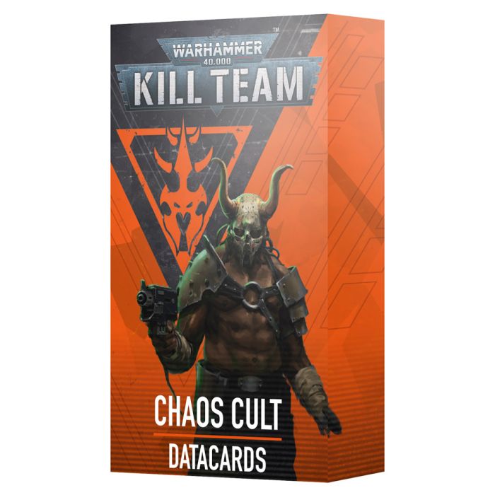 Warhammer 40,000 - Kill Team - Chaos Cult Datacards - Rectangular box with dark orange and black design featuring armored Chaos Cult warrior and bold white text "Warhammer Kill.