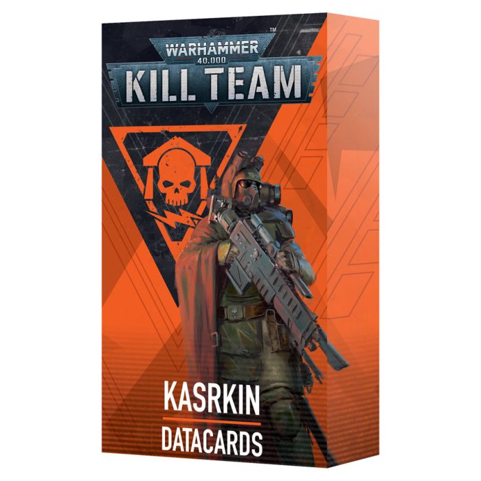 Warhammer 40,000 - Kill Team - Kasrkin Datacards - Orange and black rectangular box featuring a soldier in armor holding a rifle, labeled Warhammer Kill Team Kasrkin Datacards.