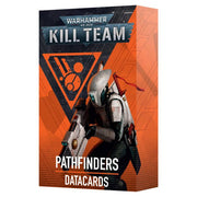 Warhammer 40,000 - Kill Team - T’au Empire Pathfinders Datacards - Orange rectangular box featuring a futuristic armored soldier with helmet, labeled Warhammer Kill Team Pathfinders Datacards.