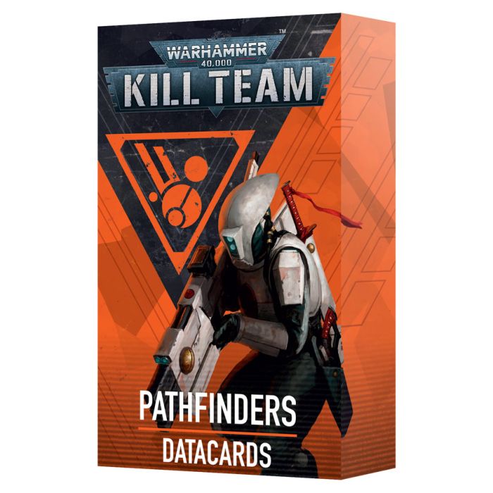 Warhammer 40,000 - Kill Team - T’au Empire Pathfinders Datacards - Orange rectangular box featuring a futuristic armored soldier with helmet, labeled Warhammer Kill Team Pathfinders Datacards.