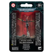 Warhammer 40,000 - Imperial Agents - Callidus Assassin - Dark armored Callidus Assassin figurine with a sleek helmet and glowing green sword on rocky base in Warhammer packaging.
