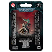 Warhammer 40,000 - Imperial Agents - Inquisitor Draxus - Warhammer 40,000 Inquisitor Draxus miniature in black armor with gold and green accents, holding a large weapon and wearing.