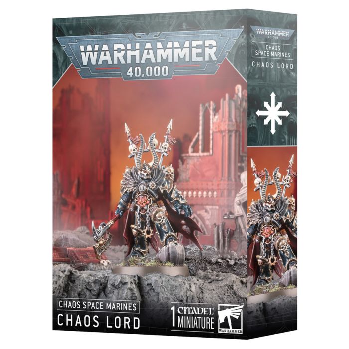 Warhammer 40,000 - Chaos Space Marines - Chaos Lord - Warhammer 40,000 Chaos Space Marines Chaos Lord miniature box featuring armored figure with horned helmet and ornate weapons