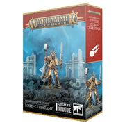 Warhammer Age of Sigmar - Stormcast Eternals - Lord-Celestant - Warhammer Age of Sigmar Stormcast Eternals Lord-Celestant box art showing gold-armored warrior holding hammer and shield.