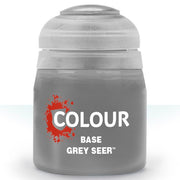 Citadel Base Paint: Grey Seer - Small frosted plastic pot of grey Citadel Base Paint with a rounded cap and white text on front.