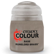 Citadel Base Paint: Runelord Brass - Small frosted plastic pot of metallic brass paint labeled Citadel Colour Base Runelord Brass with black and red text.