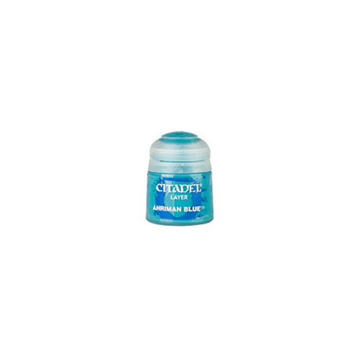 Citadel Layer Paint: Ahriman Blue - Small round pot of Citadel Layer Paint in vibrant Ahriman Blue with a clear lid and blue label.
