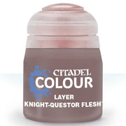 Citadel Layer Paint: Knight-Questor Flesh - Small frosted glass bottle with pale pink paint inside, white and blue label reading Citadel Colour Layer Knight-Questor.